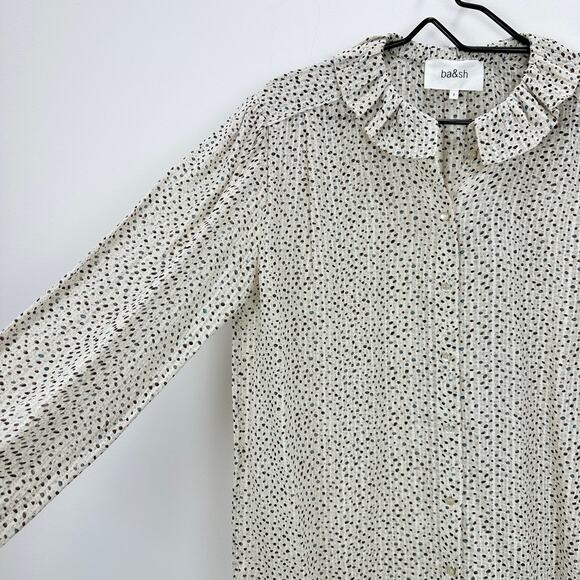 BA&SH Chiffon Blouse Dot Silk Viscose Ruffle Collar Romantic Preppy Large - Picture 12 of 13
